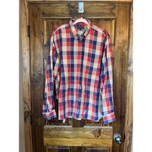 Paul Fredrick Mens Long Sleeve Button‎ Down Shirt Red Blue Plaid Cotton Size L